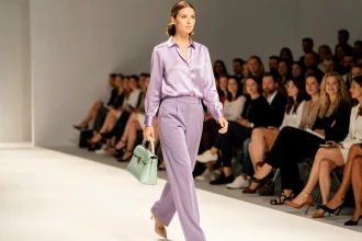 Mannequin portant un ensemble pastel lavande et pantalon vert menthe sur un podium de défilé de mode printemps