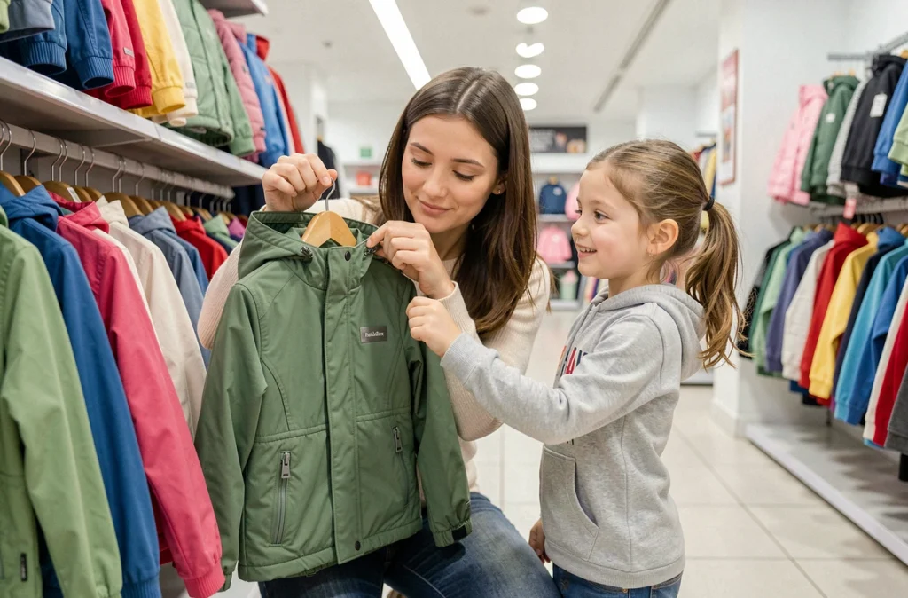 Mère et enfant choisissant un manteau avec capuche amovible en magasin