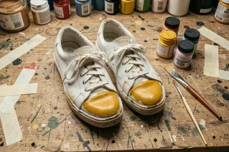 Peinture sur chaussures en cuir blanc avec de la peinture acrylique jaune moutarde sur un établi en bois avec pinceaux et pots de peinture