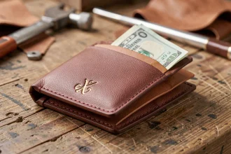 Porte-monnaie en cuir personnalisé avec monogramme doré et coutures à la main sur un établi en bois