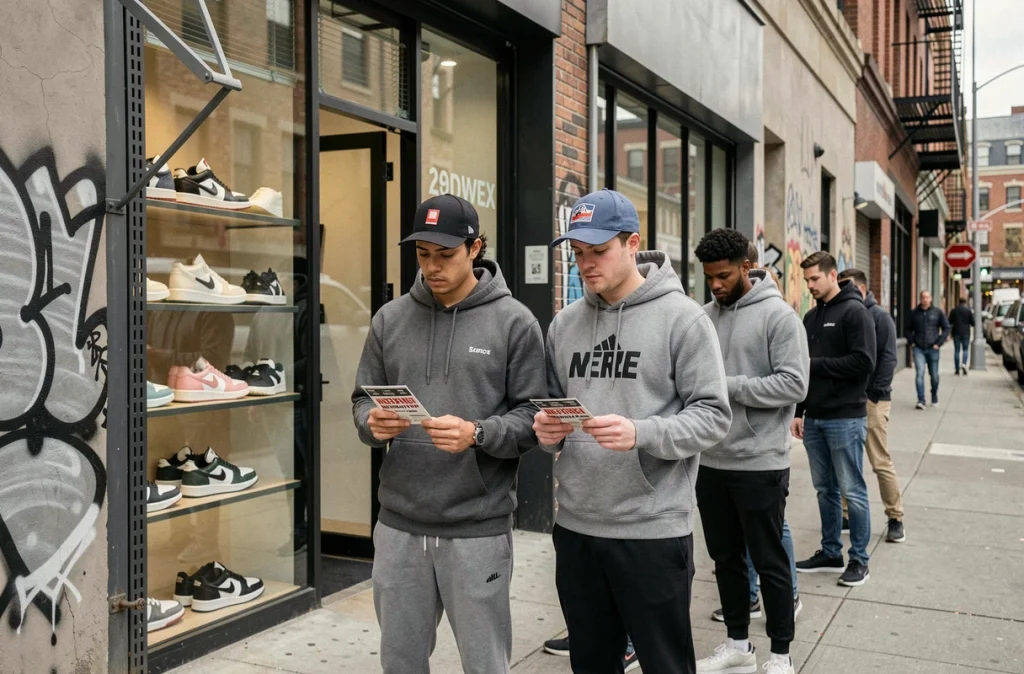 File d'attente devant une boutique de sneakers lors d'un drop exclusif en édition limitée