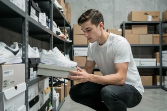 Jeune homme examinant des sneakers en édition limitée dans une boutique de revente urbaine
