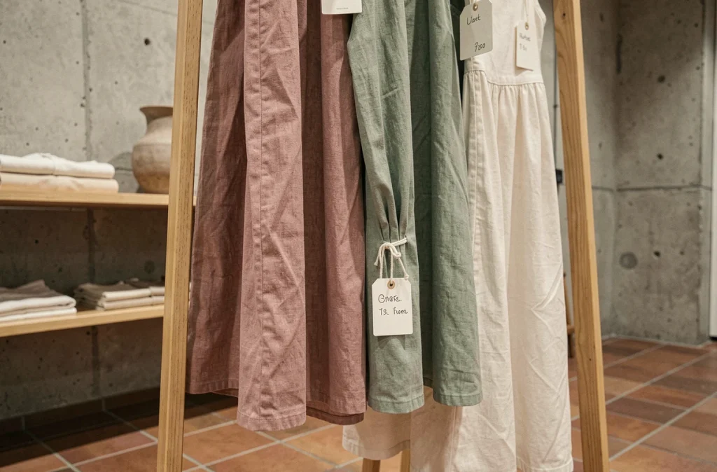 Robes en lin aux tons naturels suspendues sur un portant en bois dans un concept store minimaliste