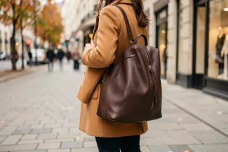 Femme portant un sac à dos en cuir marron structuré dans une rue urbaine pavée en automne