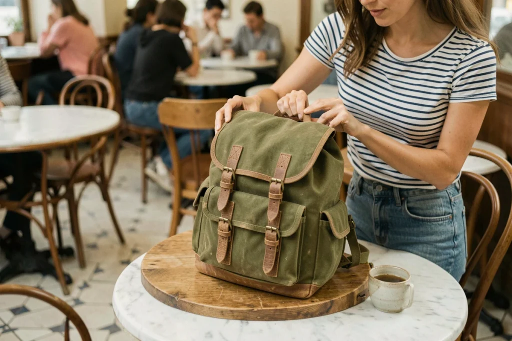 Sac à dos en toile cirée vert olive posé sur une table de café parisien avec accessoires quotidiens