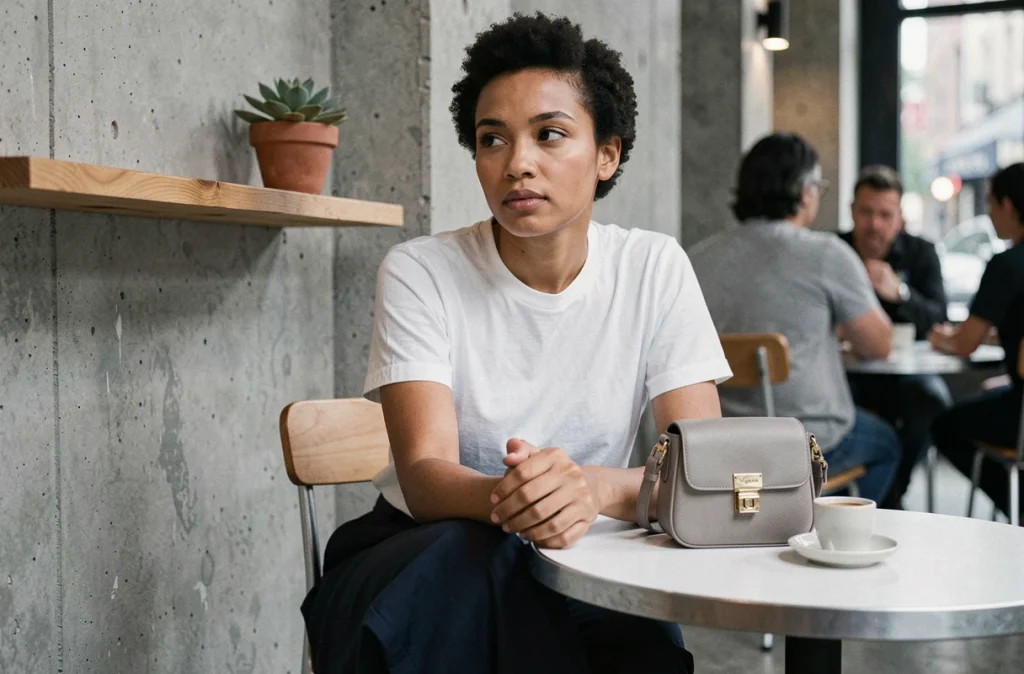 Femme posée dans un café minimaliste avec un petit sac en cuir gris sur la table