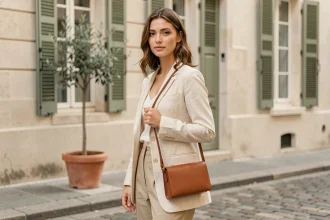 Jeune femme minimaliste tenant un petit sac en cuir cognac dans une rue parisienne épurée
