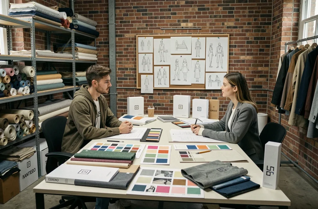 Deux jeunes créateurs travaillant ensemble sur des prototypes et des planches tendance dans un studio de mode collaboratif