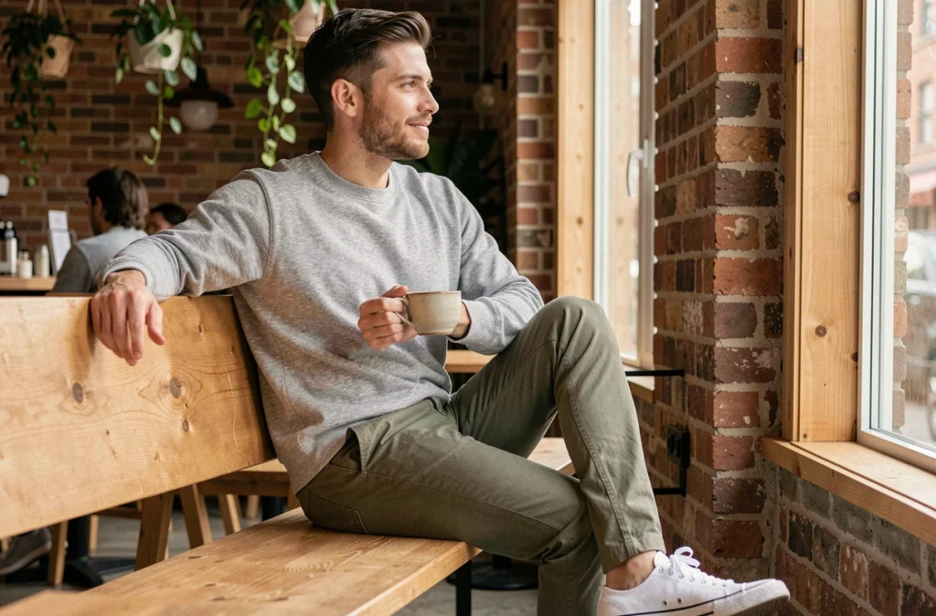 Homme en style casual décontracté portant un sweat gris et un chino olive assis dans un café minimaliste avec briques apparentes