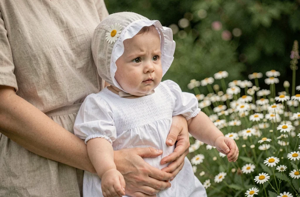 Tenue de baptême bohème pour bébé garçon en coton blanc avec bonnet en lin et détails floraux, tenu dans les bras de sa mère dans un jardin naturel fleuri