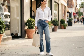 Femme en tenue casual chic portant une chemise en lin blanche et un jean droit indigo avec des sneakers blanches dans une rue urbaine ensoleillée