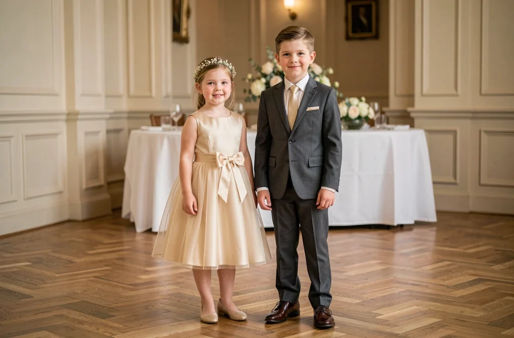 Frère et sœur en tenues de cérémonie champagne et gris charbon dans une salle de réception élégante