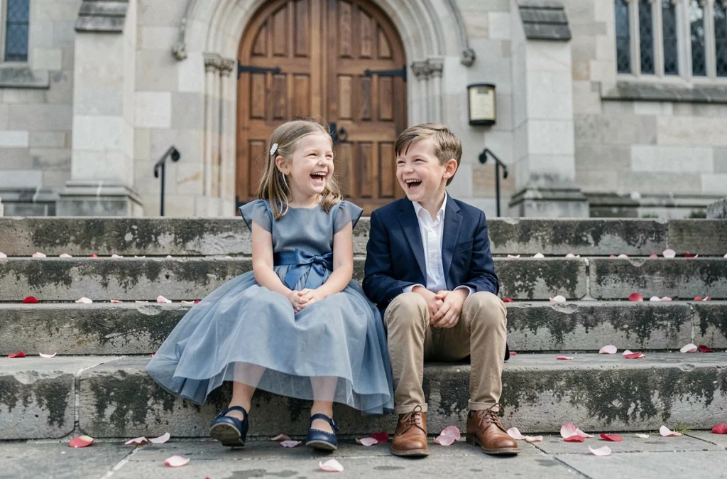 Enfants en tenues de cérémonie bleu marine et bleu ciel assorties assis sur des marches d'église