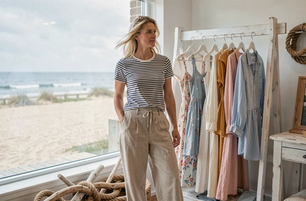 Boutique Annaïs en bord de côte bretonne, cliente en tenue marine devant un portant de robes estivales