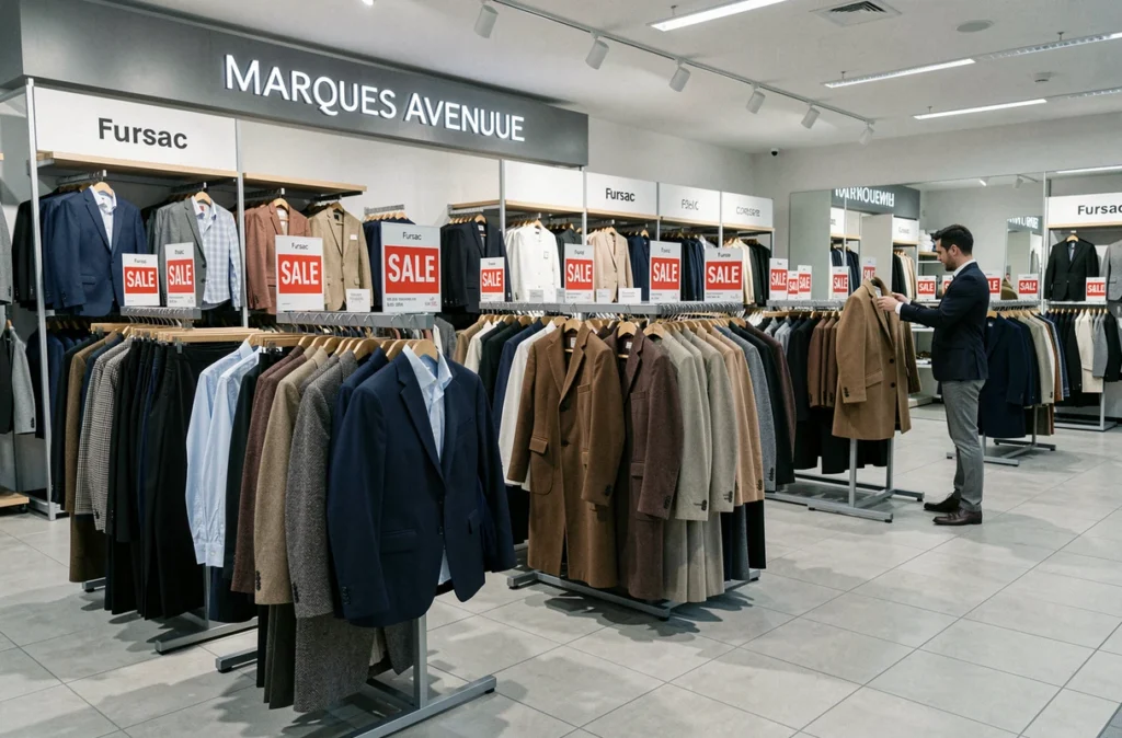 Boutique outlet Fursac aux Marques Avenue de Corbeil-Essonnes avec des vêtements griffés à prix réduits sur des portants