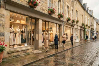 Rue commerçante bretonne avec des boutiques de prêt-à-porter féminin dans les Côtes-d'Armor