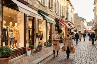 Vue d'une rue commerçante animée en Essonne avec plusieurs boutiques de prêt-à-porter féminin et des vitrines élégantes