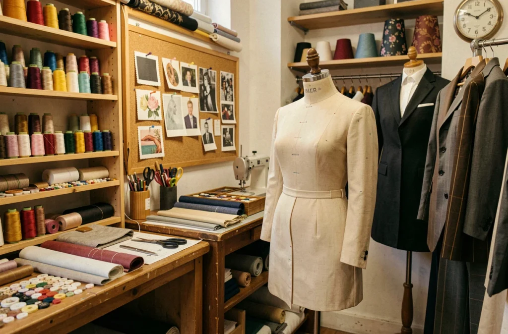 Atelier Cassiopée Couture à Arpajon avec une mercerie bien garnie et un espace de couture sur mesure autour d'un mannequin de couturière