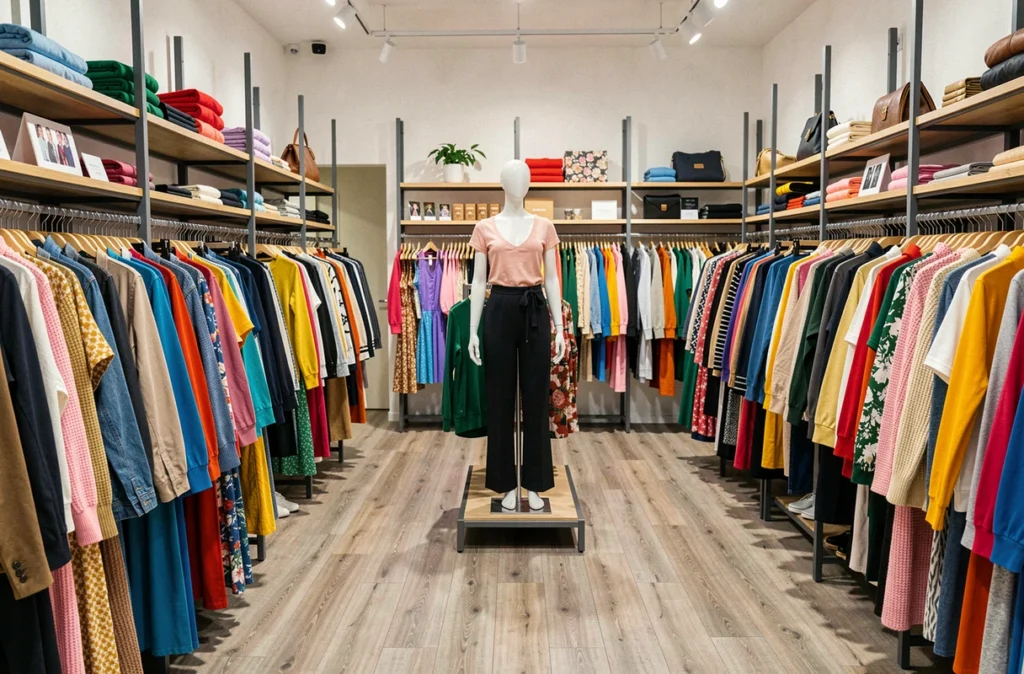 Intérieur d'une boutique multimarques mode femme avec des rayons colorés et une sélection variée de vêtements contemporains