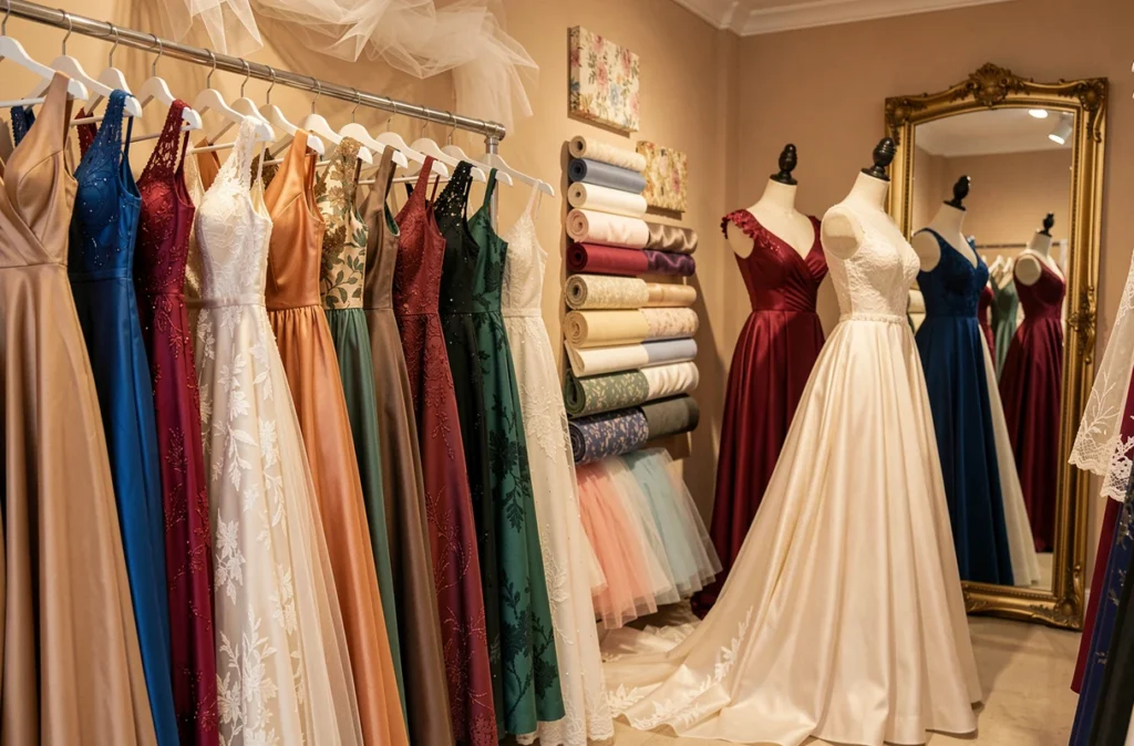 Boutique Cotillons et Crinolines avec des robes de soirée et tenues d'occasion élégantes exposées sur des portants et des mannequins