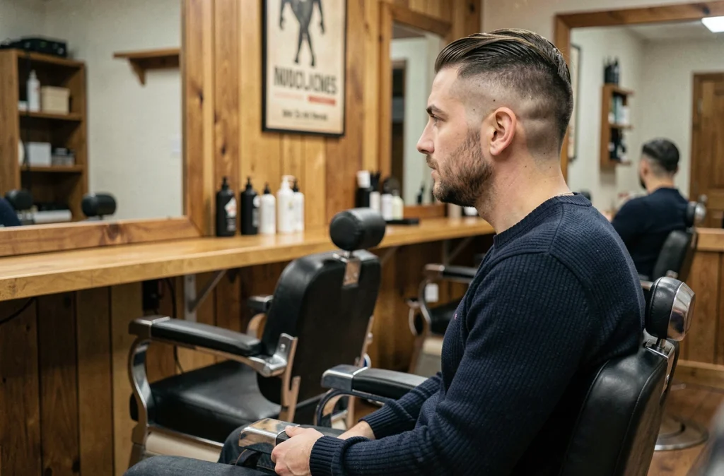 Homme avec une coupe de cheveux tendance moderne dans un salon de coiffure accessible, reflétant un style soigné sans dépenser beaucoup