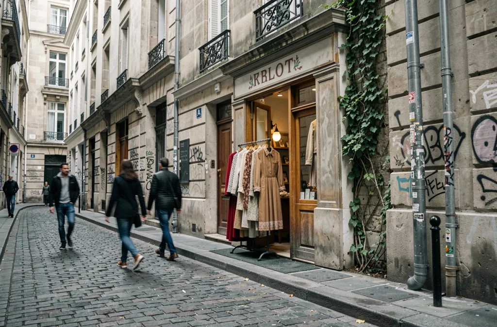 Devanture d'une friperie parisienne dans une ruelle pavée avec des vêtements vintage exposés à l'extérieur