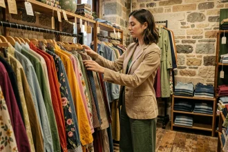 Jeune femme qui fait du shopping dans une friperie parisienne parmi des portants de vêtements vintage