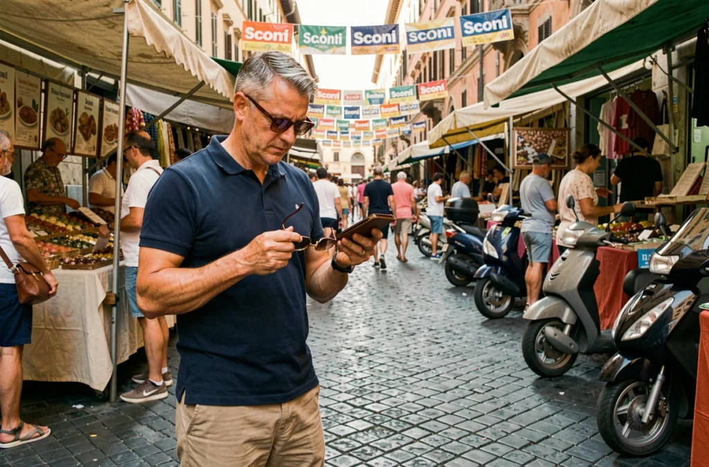 Homme comparant des lunettes de soleil sur un marché de rue animé à Rome pendant les soldes d'été italiens