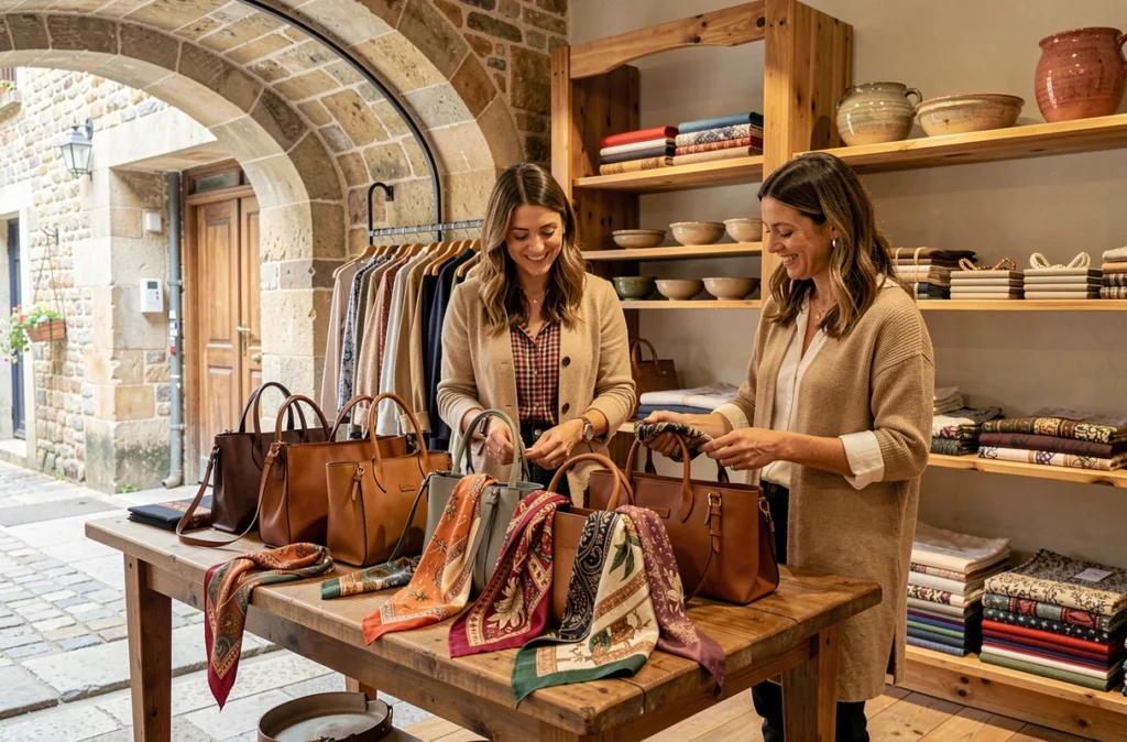 Les Dinannaises à Dinan, deux clientes explorant les accessoires et vêtements de mode dans la boutique