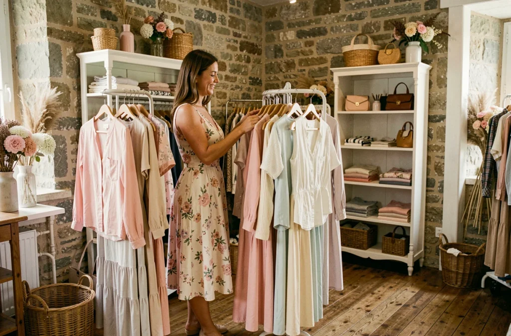 Intérieur de la boutique Les Féminines à Binic, cliente parcourant les robes féminines sur un portant circulaire