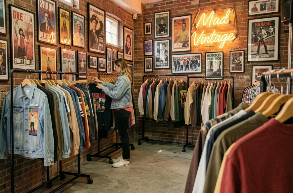 Intérieur de Mad Vintage à Grenoble, boutique de vêtements vintage avec racks industriels et ambiance urbaine rétro