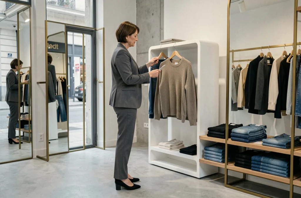 Boutique Women à Saint-Brieuc, intérieur moderne avec cliente examinant des collections de mode femme contemporaine