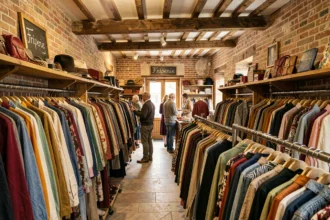 Vue panoramique d'une friperie en Isère avec des rangées de vêtements vintage colorés et une ambiance chaleureuse