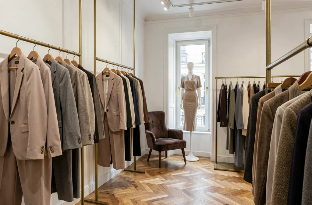Intérieur raffiné de la boutique Petronille avec des vêtements haut de gamme sur des cintres en bois et une ambiance chic