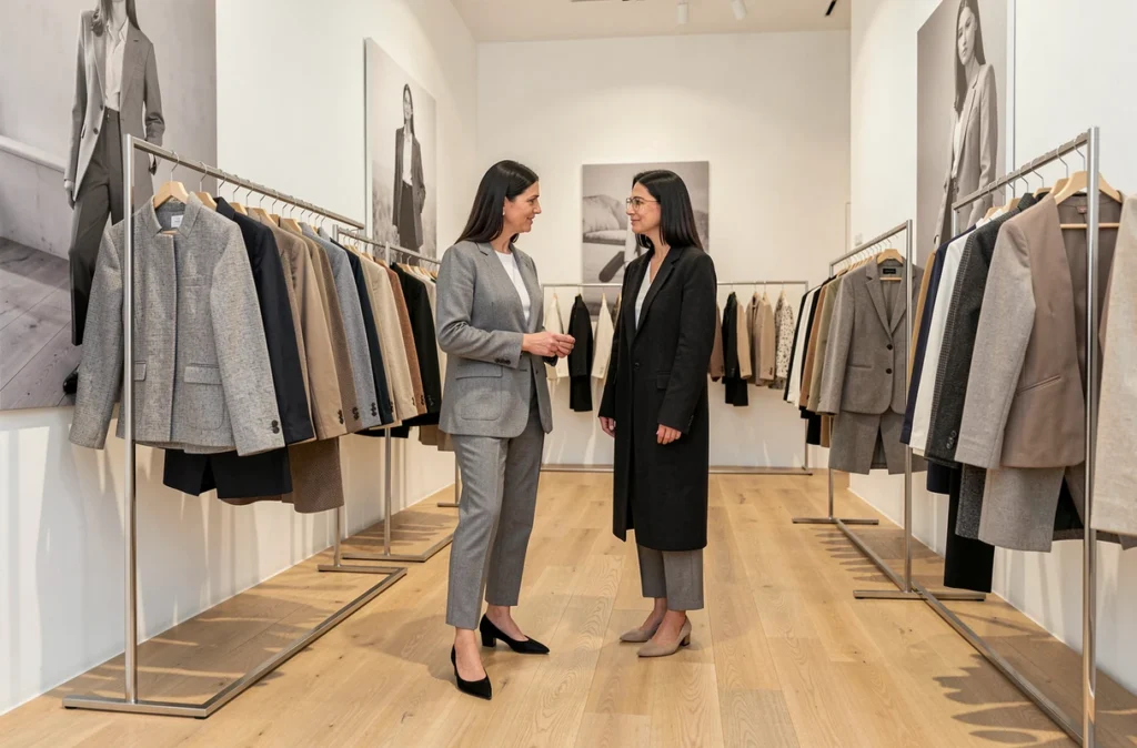 Studio 21, boutique de mode contemporaine avec cliente en tenue structurée monochrome dans un intérieur minimaliste