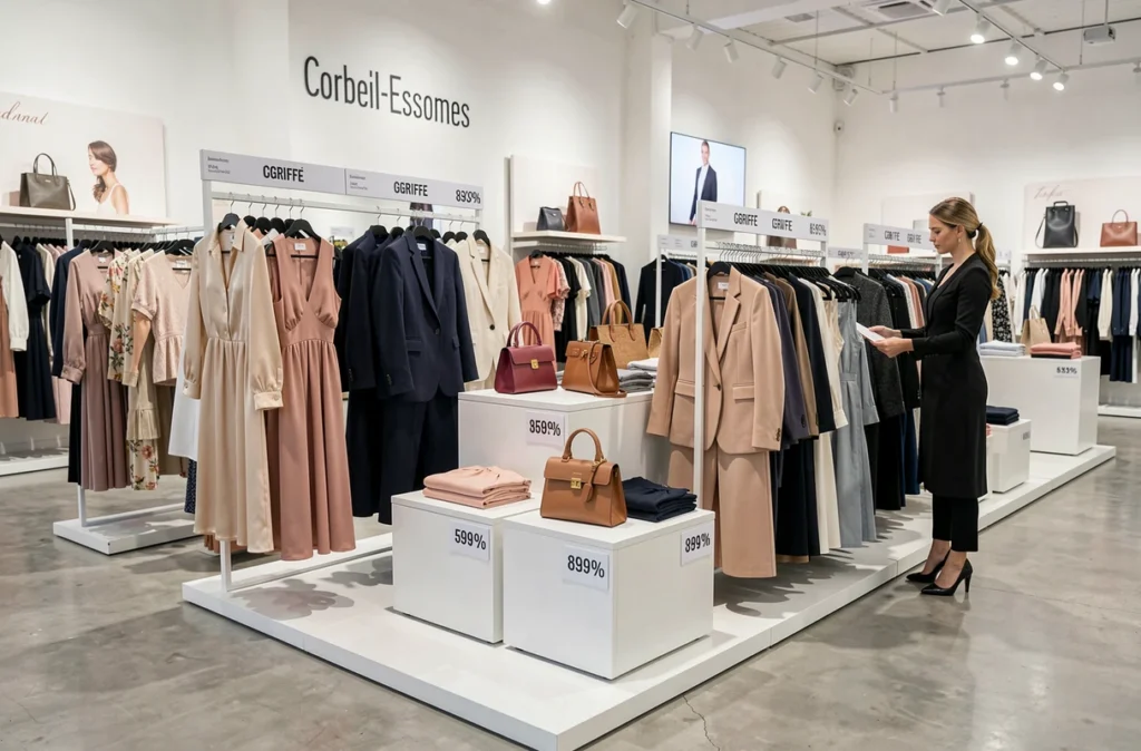 Espace Tara Jarmon Outlets à Corbeil-Essonnes avec des vêtements de créateur à prix dégriffé sur des portants épurés