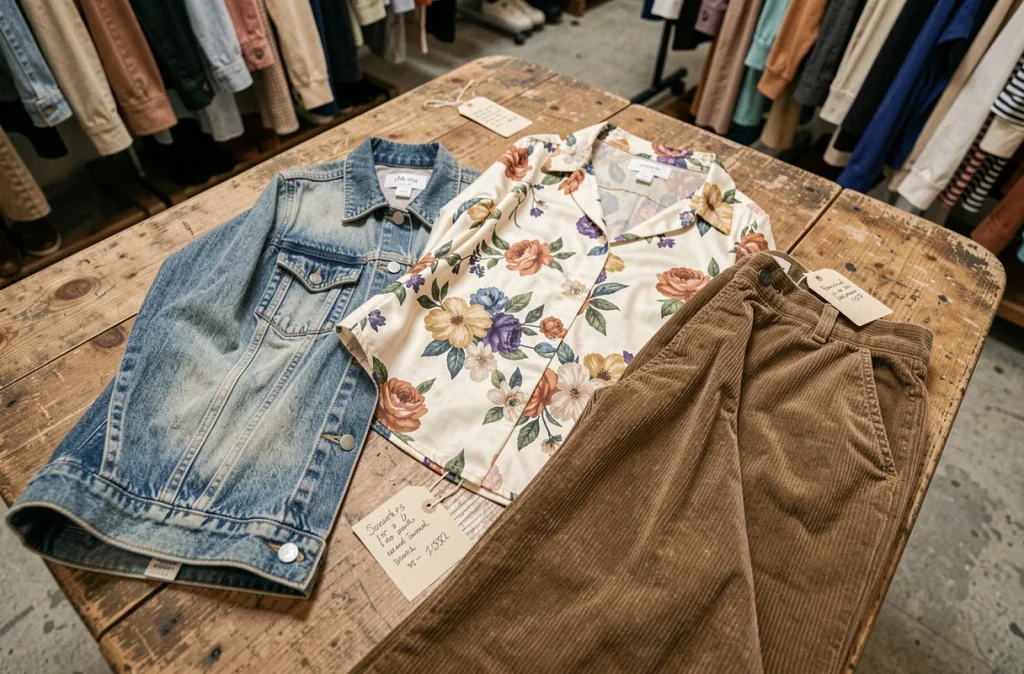 Vêtements vintage disposés sur une table en bois dans une friperie parisienne avec des étiquettes de prix manuscrites