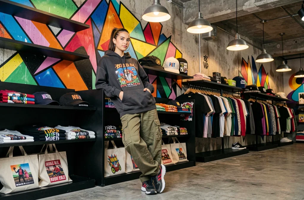 Wishop, boutique streetwear et mode féminine avec jeune cliente en tenue urbaine tendance