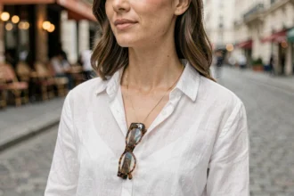 Femme portant une chaîne pour portable et lunettes en or autour du cou, accessoire 2 en 1 tendance