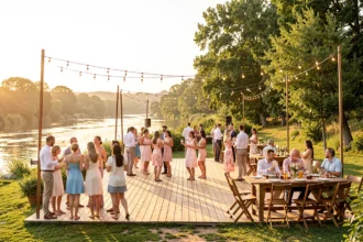 Guinguette au bord de l'eau décorée pour un mariage en fin de journée