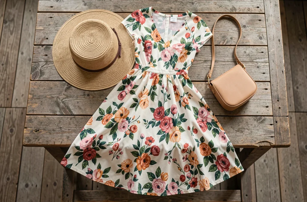 Robe fluide à fleurs, chapeau de paille et petit sac posés sur une table