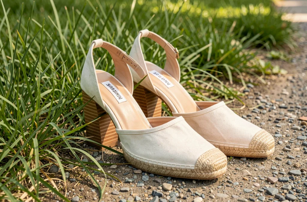 Sandales à talon carré et espadrilles posées sur l'herbe